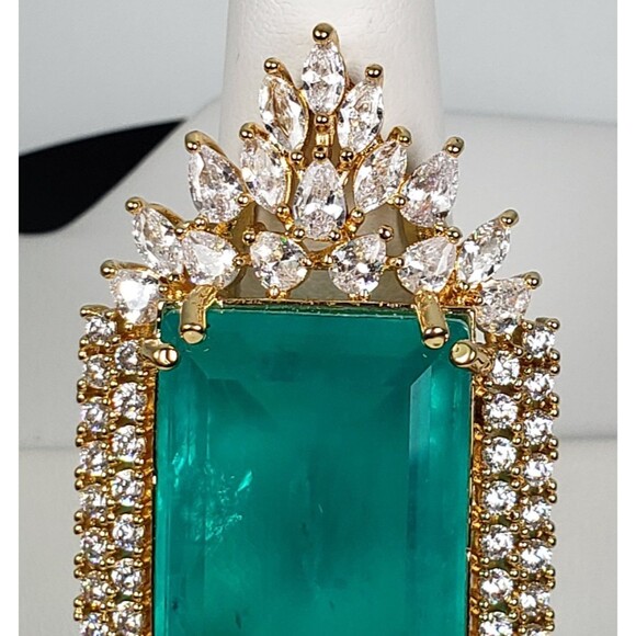 Signed Princess Doublet Natural Emerald with CZ 18KGL Size 9 Cocktail Ring - Picture 6 of 16
